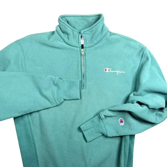 Champion Sweater Mens Small 1/4 Zip Pullover Sweatshirt Teal Green Reverse Weave - Picture 1 of 6